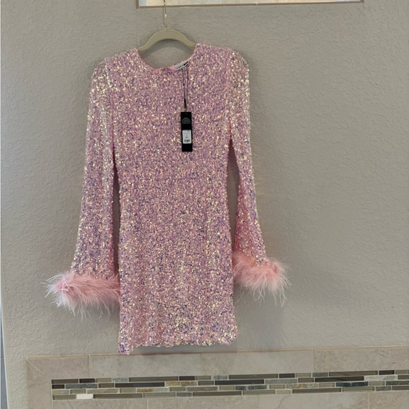 Fashion Nova NWT Glittering Pink Sequin Dress with Feathered Cuffs - Picture 1 of 6